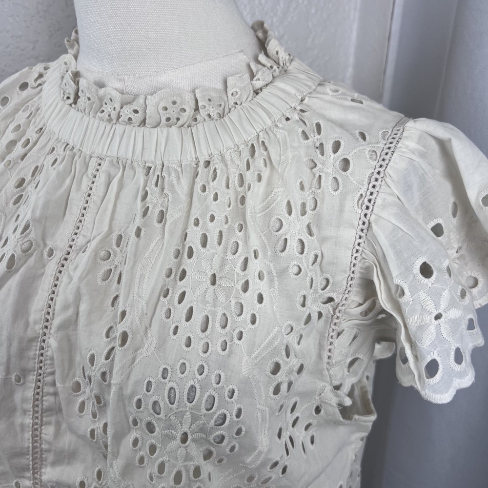 Jennifer Grace Top Womens Medium Ivory Eyelet Ruffle Sleeve Cottagecore Romantic - Picture 2 of 10